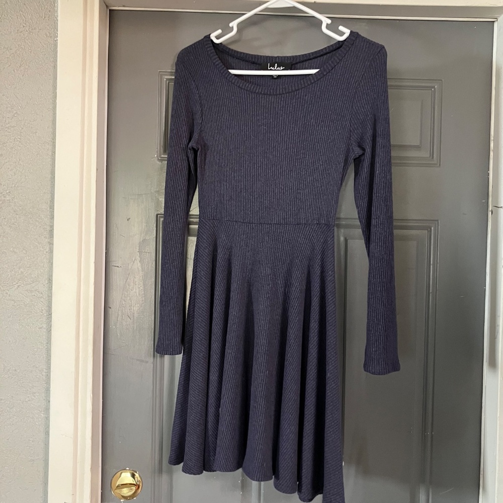 Lulu's Long Sleeve Fit & Flare Ribbed Stretch Dress - Dark Blue, Size S